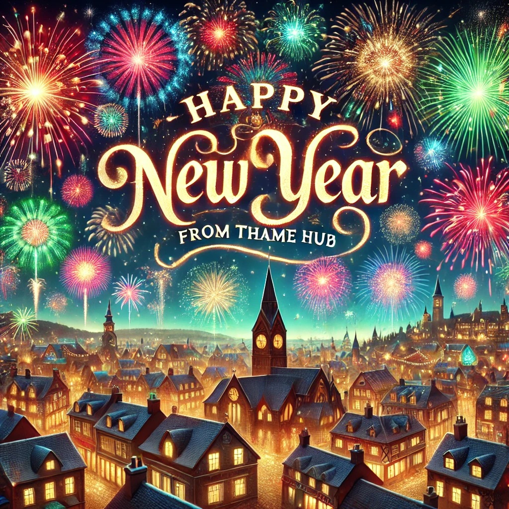 DALL·E 2024-12-31 17.29.29 - A dazzling New Year's Eve celebration featuring a night sky filled with colorful fireworks in shades of red, gold, green, and blue. The words 'Happy N